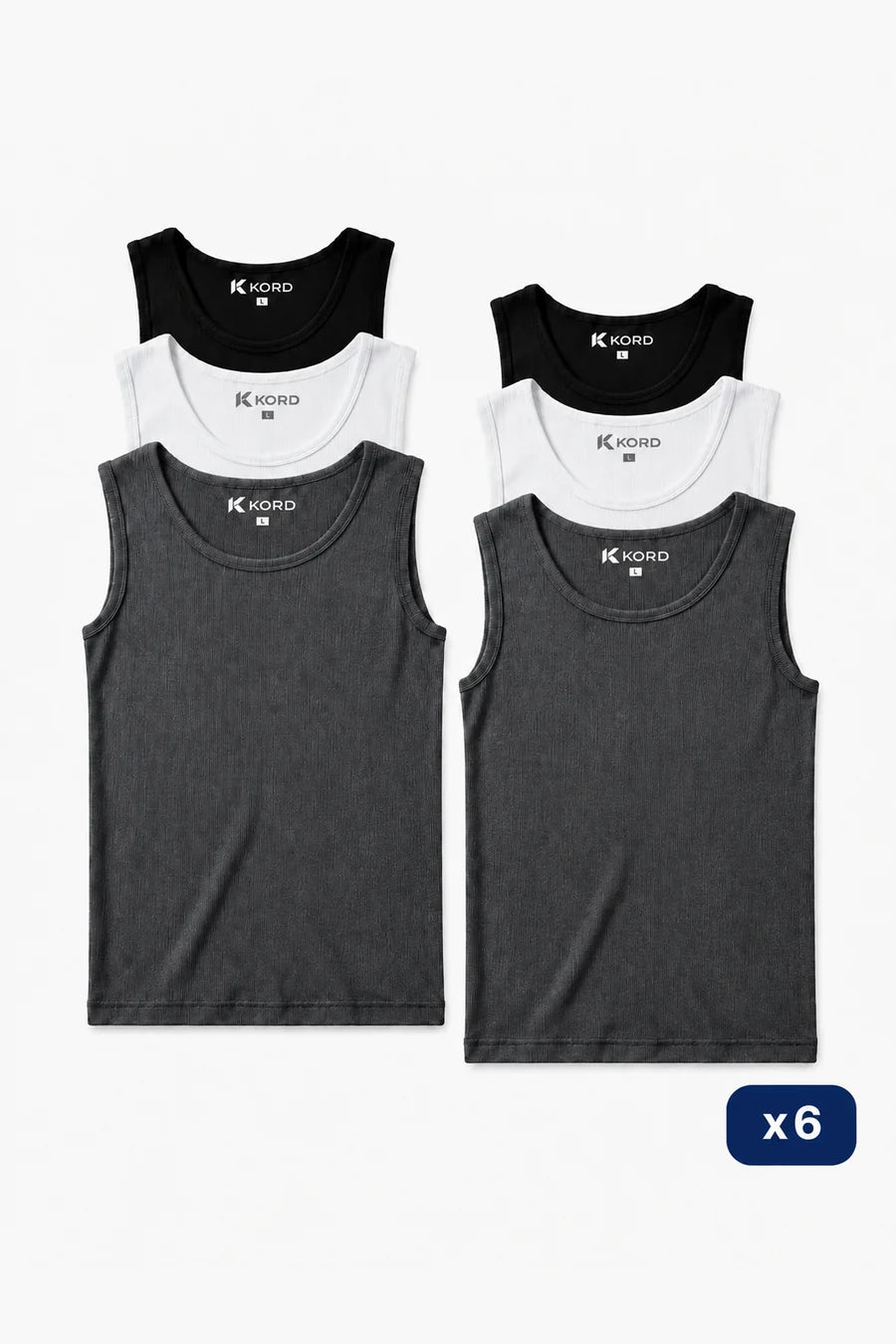 Sechs KORD Ripp-Tanktops, fächerförmig ausgelegt, je zwei in Schwarz, Weiß und Anthrazit